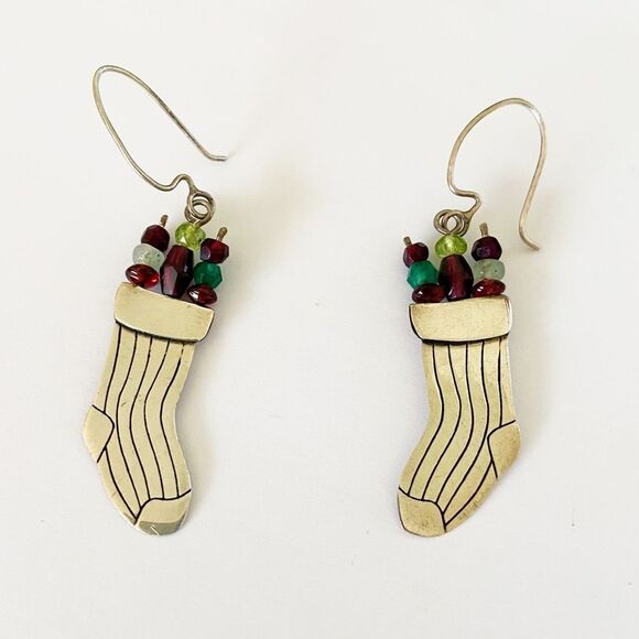 Vintage sterling silver Christmas stocking drop earrings with gemstones - Picture 2 of 6